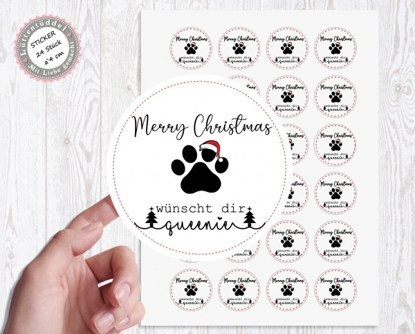 Sticker Aufkleber "Pfote" 24 Stück 4cm Merry Christmas Wunschname für Adventskalender Tütchen oder zum Nikolaus von Lüttentüddel®